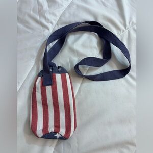 Red and White and blue USA Striped Crossbody Bag- holds regular sized can drink